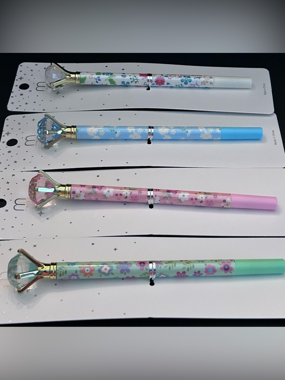 Mint Floral Diamond-Topped Pen Set of Four - Pink, Blue, Green, White - NWT